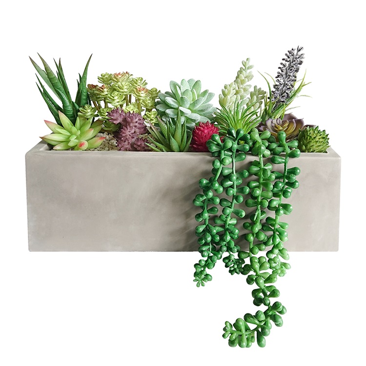 High quality 13 pcs Assorted faux artificial succulent plants in Rectangular cement concrete Planter Box